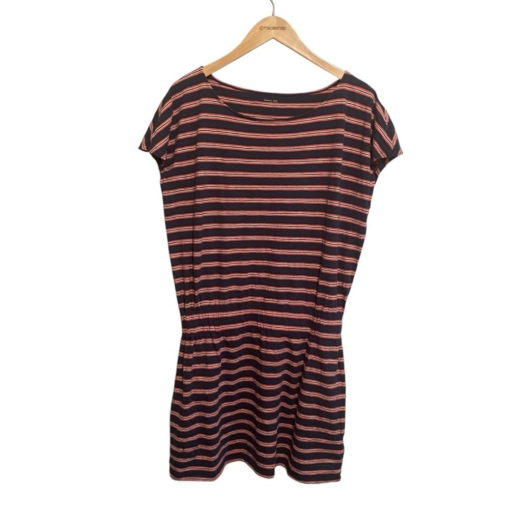 Garnet Hill Navy Red White Stripe Cotton Short Sleeve Pocket Dress Size 14